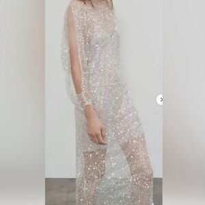ZARA Cream Gold Sequin Sheer Net Mesh Open Back Dress